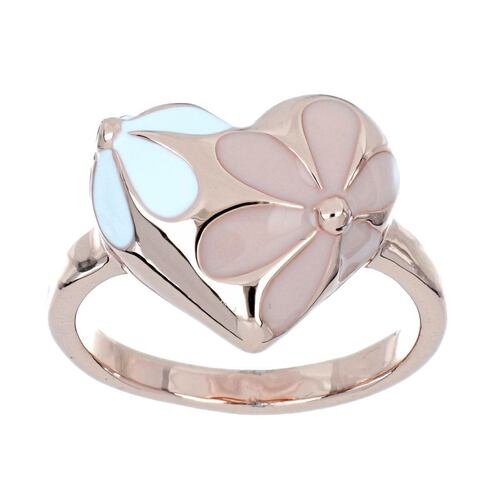 Anillo corazón con estrellas con esmalte en tono rosa y blanco, acabado en chapado oro rosa
