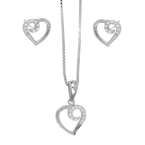 Set Aretes y Dije Cadena de Plata 925 Corazón Circonita Farfalla Bonetti
