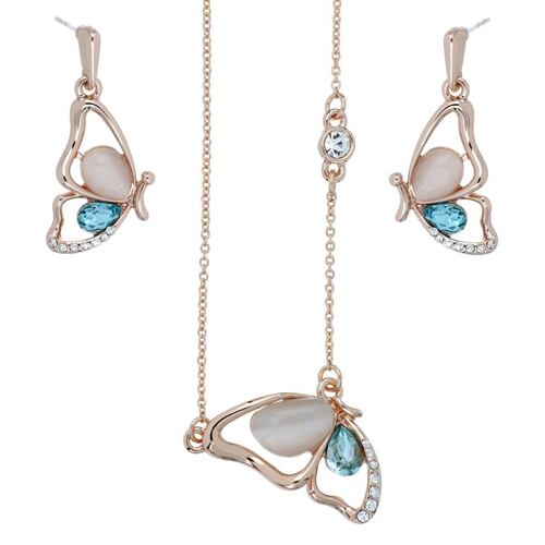 Juego Aretes+Dije+Cadena Mariposa Piedra Rosa y Aquamarina Chapado Oro Rosa Camilla