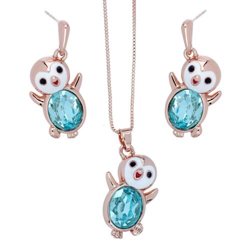 Juego Aretes+Dije+Cadena Pingüino Piedra Aquamarina Chapado Oro Rosa Camilla