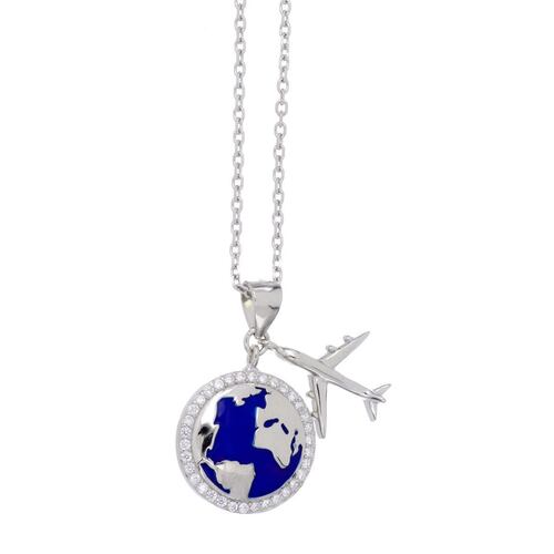Dije con Cadena Plata .925 Mundo Circonita Blanca Cristal Acabado en Rodio Farfalla Bonetti Plata 925