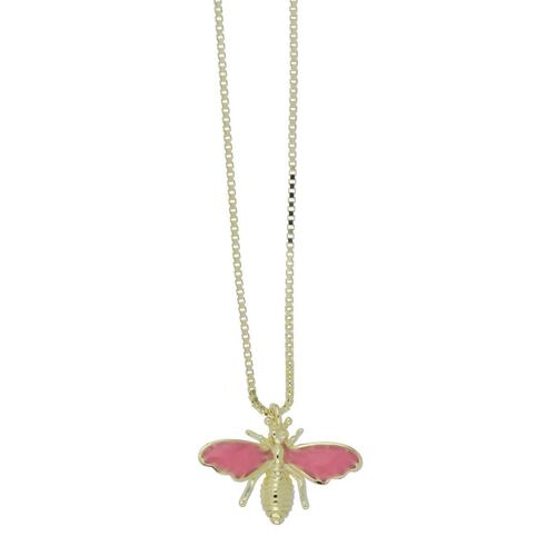 Dije Mosca Esmalte Rosa con cadena 42 cms Acabado en Chapado Oro Ziane Plata 925