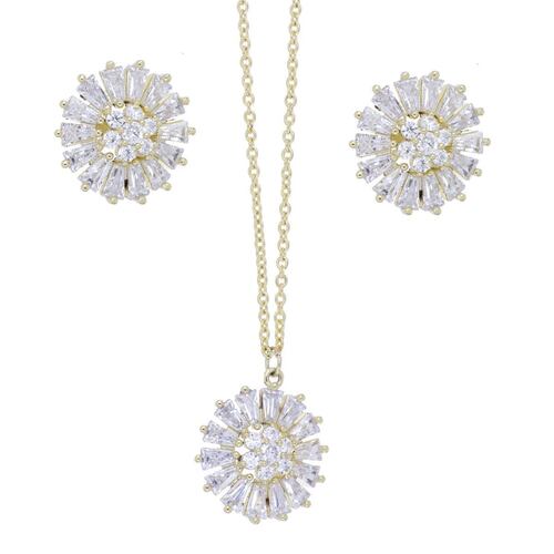 Set Aretes+Dije+Cadena Flor Circonita Blanca Chapado Oro Farfalla Bonetti