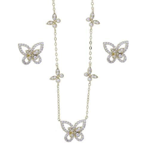 Set Aretes+Gargantilla Mariposa Circonita Blanca Chapado Oro Farfalla Bonetti