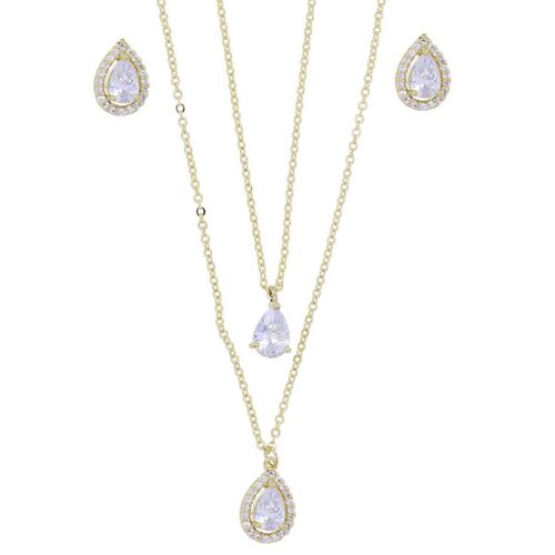 Set Aretes+Gargantilla Doble Cadena Circonita Blanca Chapado Oro Farfalla Bonetti