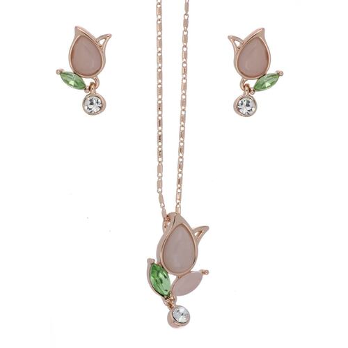 Juego Aretes, Dije y Cadena Tulipán con Piedras Chapado Oro Rosa Camilla