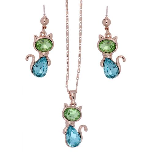 Juego Aretes, Dije y Cadena Gatito con Piedras Chapado Oro Rosa Camilla