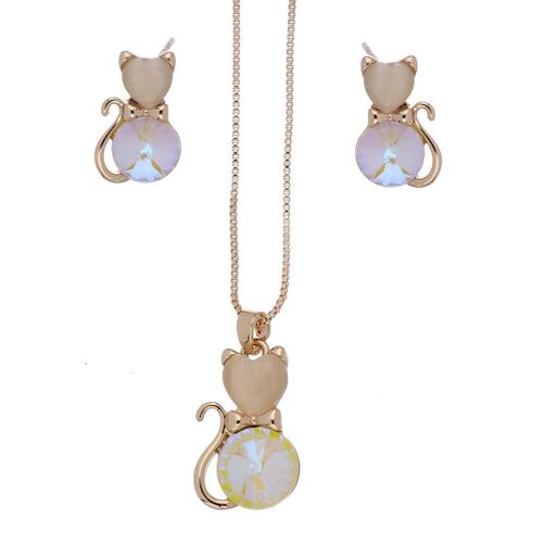 Juego Aretes, Dije y Cadena Gatito con Piedra Rosa Chapado Oro Rosa Camilla