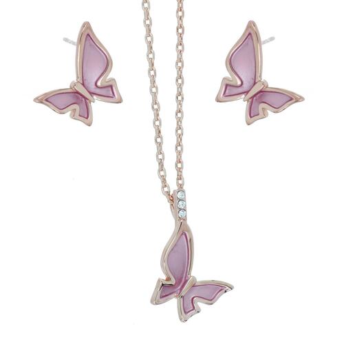Juego Aretes, Dije y Cadena Mariposa Chapado Oro Rosa Coco Cherie