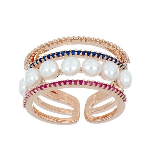 Anillo Circonita Ruby, Sapphire y Perla Blanca Chapado Oro Rosa Farfalla Bonetti