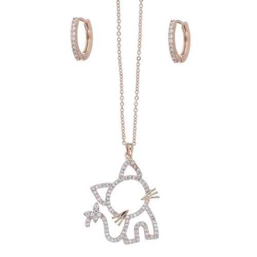 Set Aretes+Dije Cadena Gatito Circonita Blanca Chapado Oro Rosa Korei