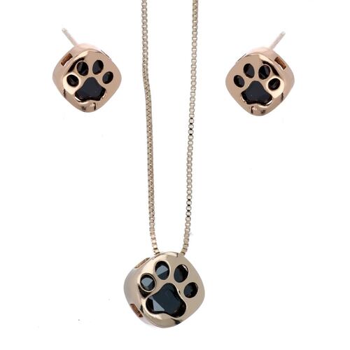 Set Aretes+Dije+Cadena Huella Perrito Black Chapado Oro Rosa Camilla