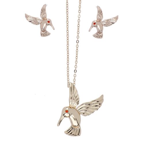 Juego Arete y Dije Colibrí Chapado Oro Rosa Cherie