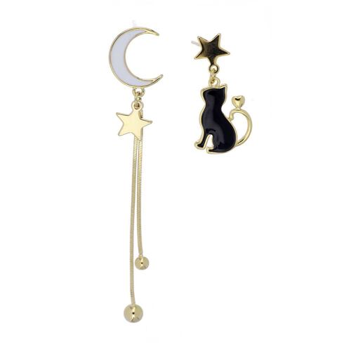 Aretes Largos Luna y Gatito Chapado Oro Korei