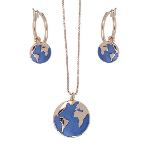 Set Aretes+Dije+Cadena Mapa Mundi Esmalte Azul Chapado Oro Rosa Cherie
