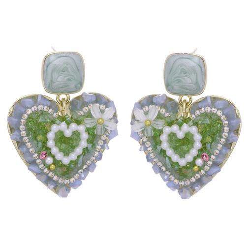 Aretes Corazón Cristales Azules y Verdes Chapado Oro Cherie