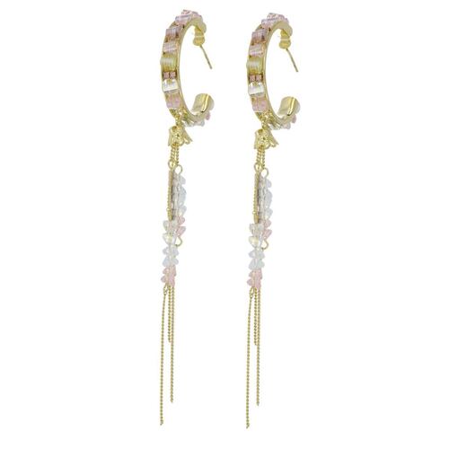 Aretes Largos Flecos Cristales Tonos Degrade Rosa y Blanco Chapado Oro Cherie