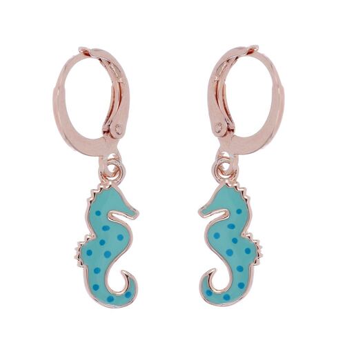 Aretes Plata .925 Caballito de Mar Esmalte Azul Chapado Oro Rosa Ziane