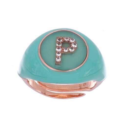 Anillo Plata .925 Letra P Esmalte Turquesa Chapado Oro Rosa Ziane