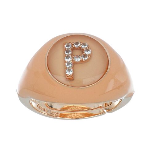 Anillo Plata .925 Letra P Esmalte Rosa Chapado Oro Rosa Ziane