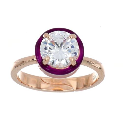 Anillo Plata .925 Tipo Solitario Esmalte Fuchsia Chapado Oro Rosa Ziane