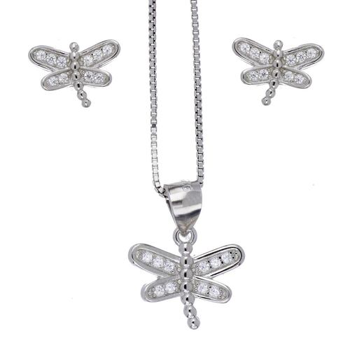 Set Aretes+Dije+Cadena Plata .925 Mariposa Circonita Blanca Acabado Rodio Farfalla .925