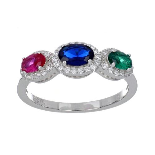 Anillo Plata .925 Circonita Sapphire Esmeralda y Ruby Acabado Rodio Farfalla .925