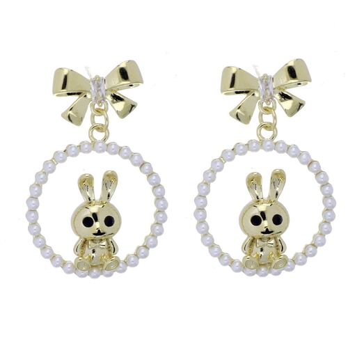 Aretes Conejito Perlas Blancas Chapado Oro Korei