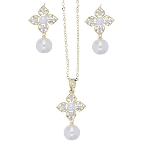 Set Aretes+Dije Cadena Circonita y Perla Blanca Chapado Oro Farfalla Bonetti