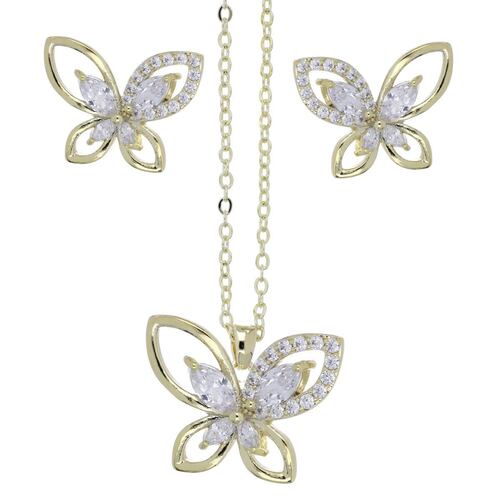 Set Aretes+Dije+Cadena Mariposa Circonita Blanca Chapado Oro Farfalla Bonetti