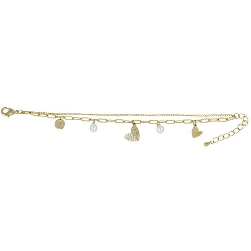 Pulsera Doble Cadena Dije Corazones Circonita Blanca Chapado Oro Korei