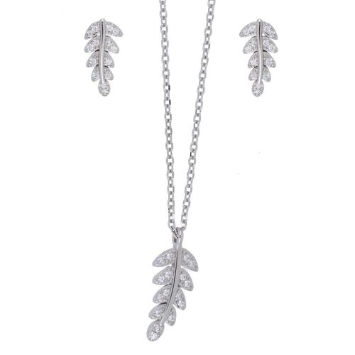 Set Aretes Dije y Cadena Hoja con Circonita Blanca con Cadena y Acabado en Rodio Plata 925 Farfalla 925