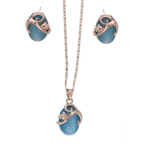 Juego Arete y Dije Gatito con Piedra Turquesa Acabado en Chapado Oro Rosa Camilla