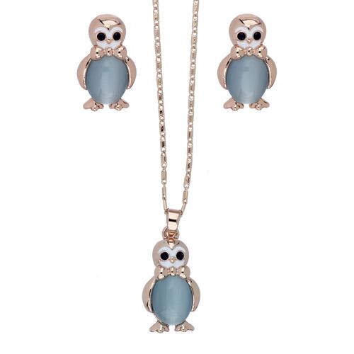 Juego Arete y Dije Pingüino con Piedra Turquesa Acabado en Chapado Oro Rosa Camilla