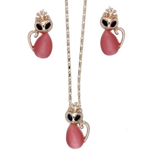Juego Arete y Dije Gatito con Piedra Fucsia Acabado en Chapado Oro Rosa Camilla
