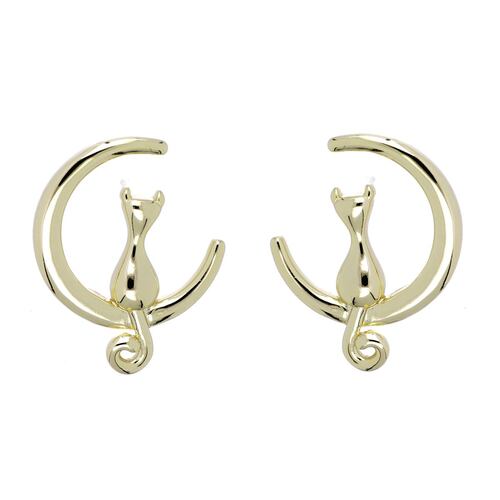 Aretes Luna con Gatito Acabado en Chapado Oro Plata 925 Ziane