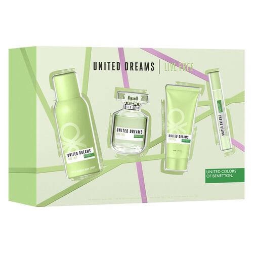 Benetton United Dreams Live Free Set para Dama Fragancia EDT 80ml + Desodorante 150ml + Body Lotion 75ml + Vial 10ml