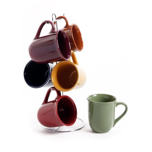 Café amaretto set 6pzas tarros de ceramica 13.4oz - 6 colores solidos surtidos y 1 rack de metal