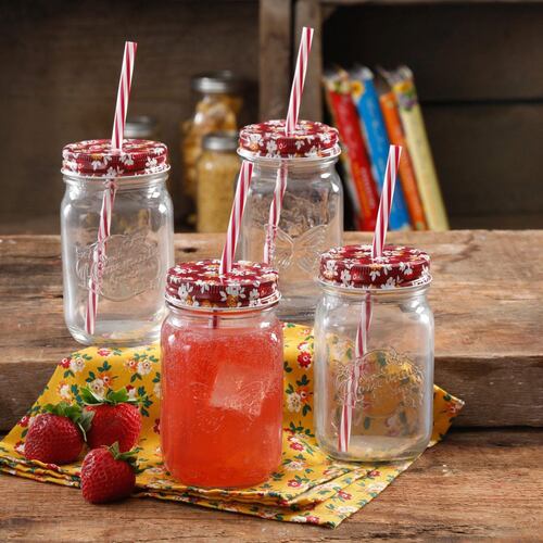 Set 4 piezas mason jar de vidrio con tapa decorada y popote