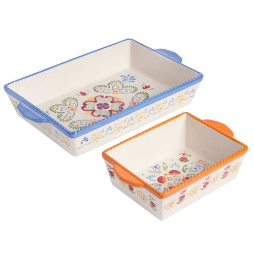 Set Laurie Gates 2 piezas moldes para hornear rectangulares de cerámica pintado a mano decorados