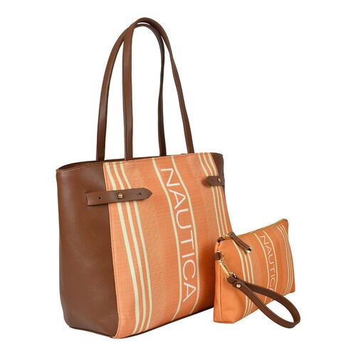 Bolsa Náutica estilo tote en color naranja con rayas café y neceser color naranja modelo A06613