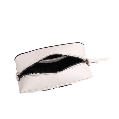 Bolsa estilo Crossbody tipo Camera Bag marca  Perry Ellis color Blanco con detalles en Negro con tarjetero modelo A10512