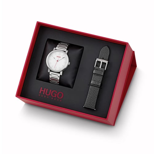 Gift Set Reloj Hugo 1530124 Piel + Acero Negro + Plateado Para Caballero