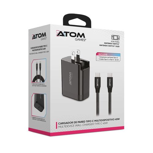 Cargador de Pared ATOM GAMES Tipo C para Nintendo 45W en Color Negro