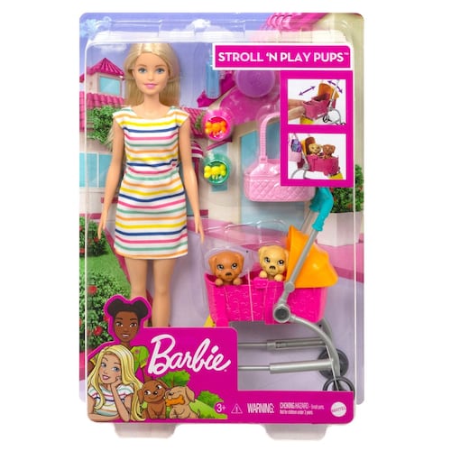 Barbie Sisters & Pets Muñeca Carriola de Perritos