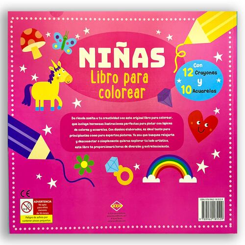 Niñas, libros para colorear, crayones y acuarelas