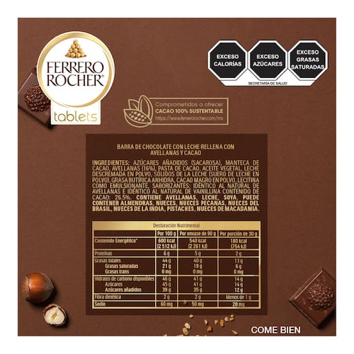 Barra Ferrero Rocher Tablets Chocolate con Leche Rellena de Avellanas y Cacao 90gr
