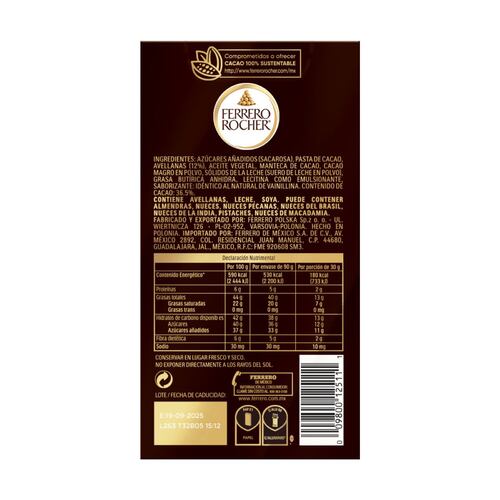 Barra Ferrero Rocher Tablets Chocolate Amargo Rellena con Avellanas y Cacao 90gr