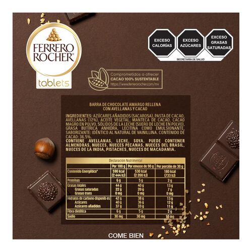 Barra Ferrero Rocher Tablets Chocolate Amargo Rellena con Avellanas y Cacao 90gr