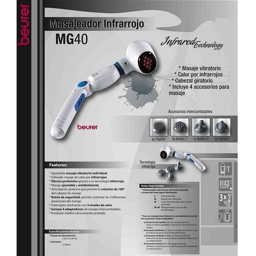 Aparato Masaje Infrarrojos 4 Accesorios 3 Ajuste Beurer MG40.